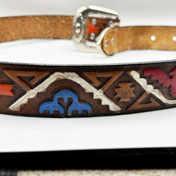 Vintage Milor Tooled Leather Belt Southwest Thunderbird Aztec Size Small 1980s - Picture 11 of 12
